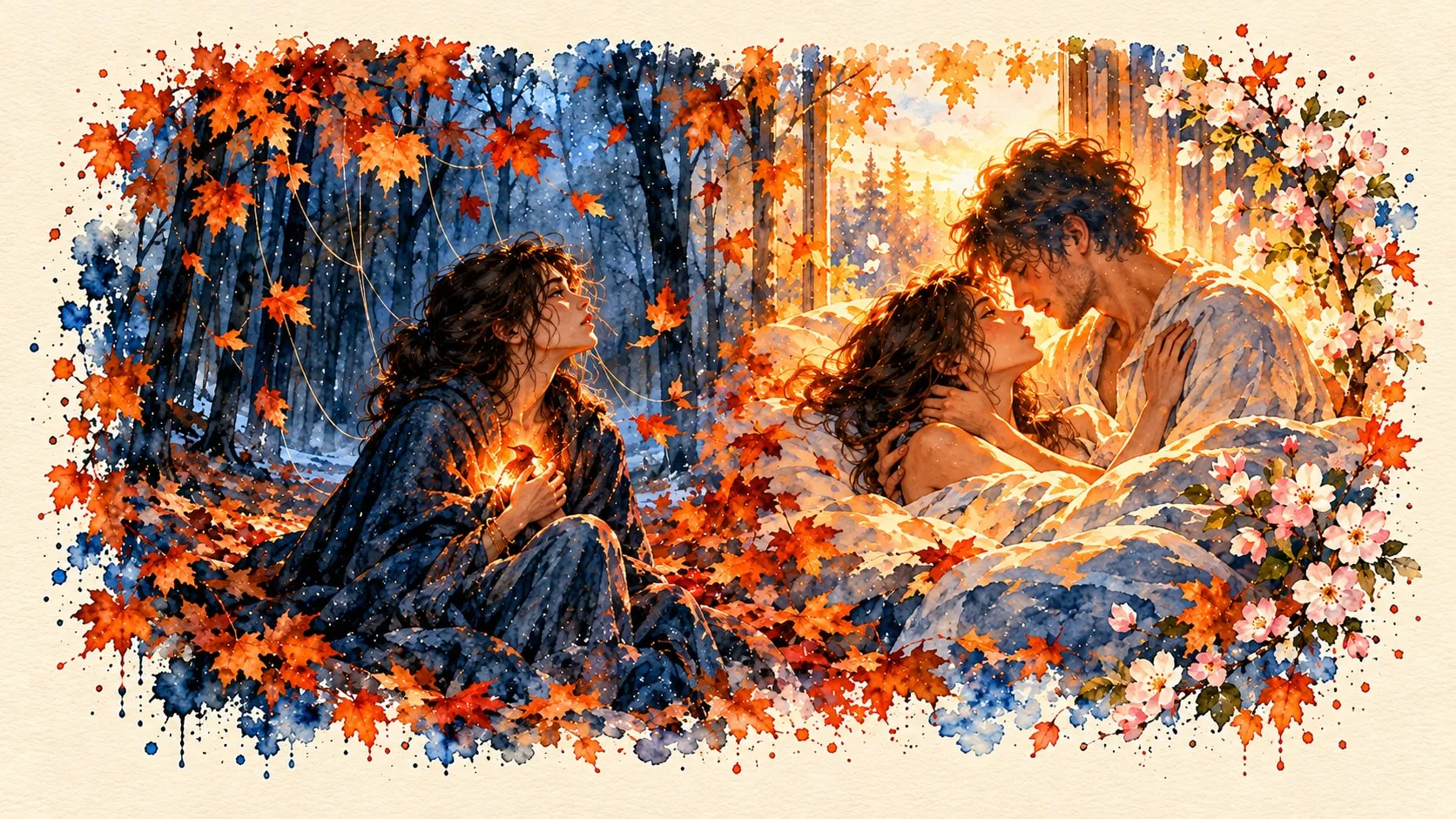 A un lado, ella sola en el bosque de otoño; al otro, los dos juntos entre flores