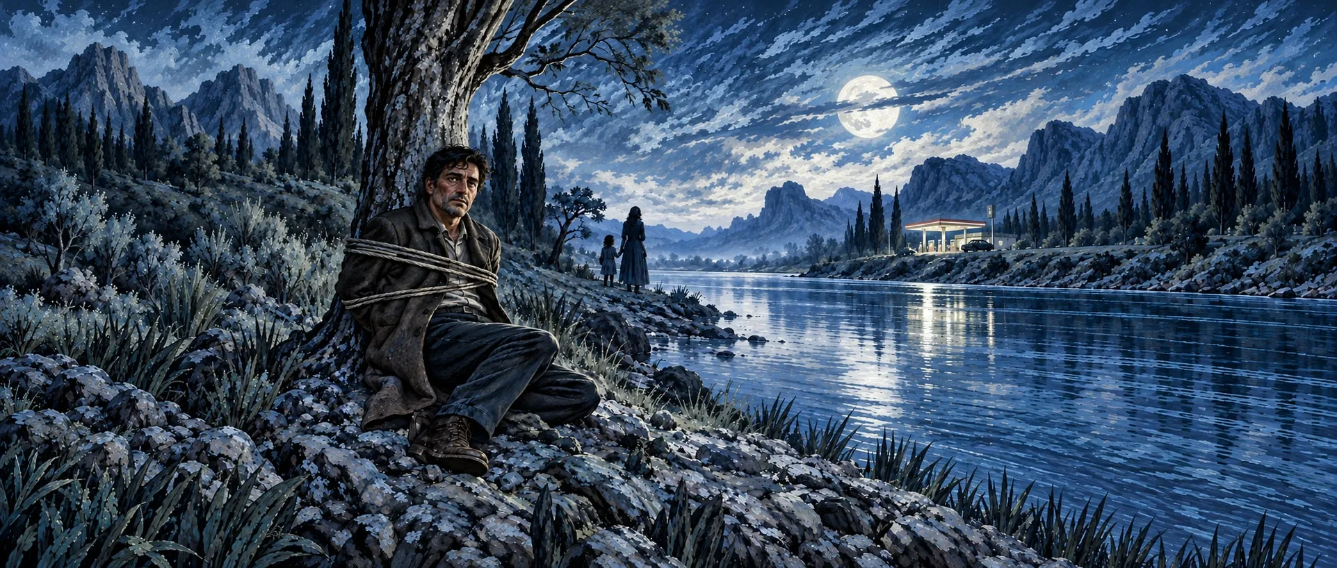 Mario, atado a un árbol junto al río, de noche