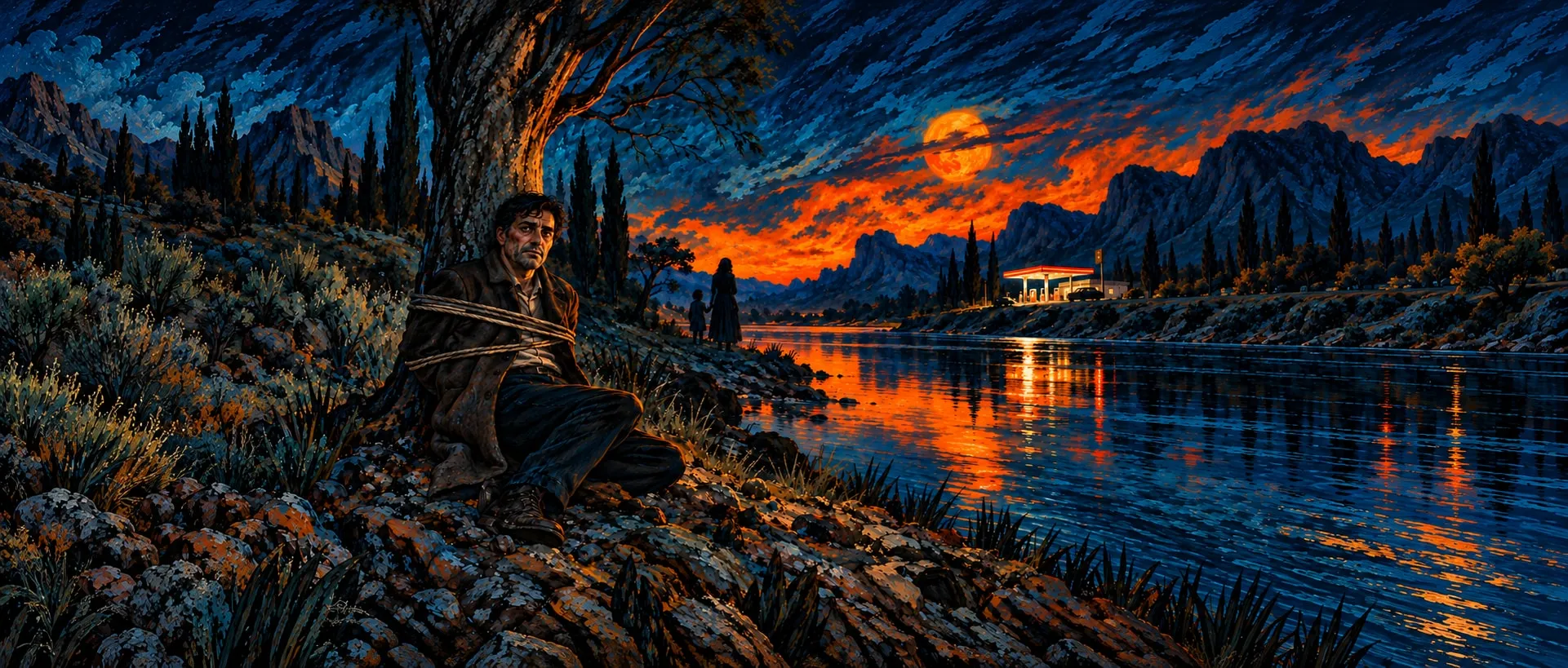Mario, atado a un árbol junto al río, de noche