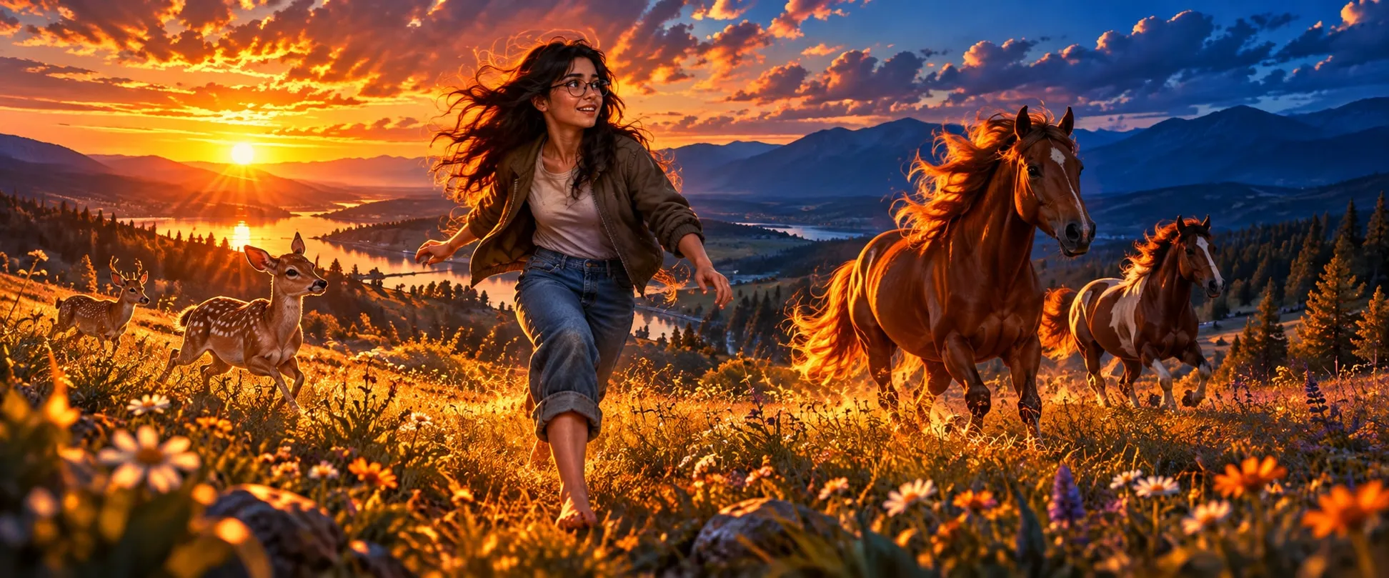 Ella corre descalza por un prado de flores al atardecer, entre ciervos y caballos