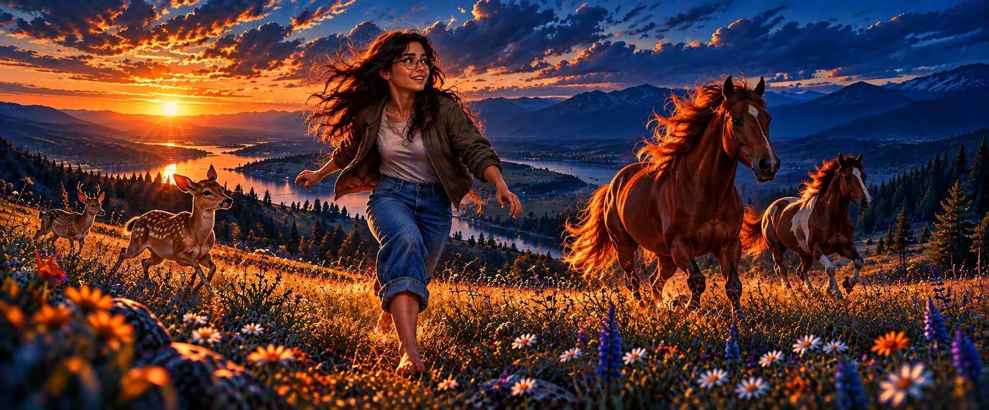 Ella corre descalza por un prado de flores al atardecer, entre ciervos y caballos