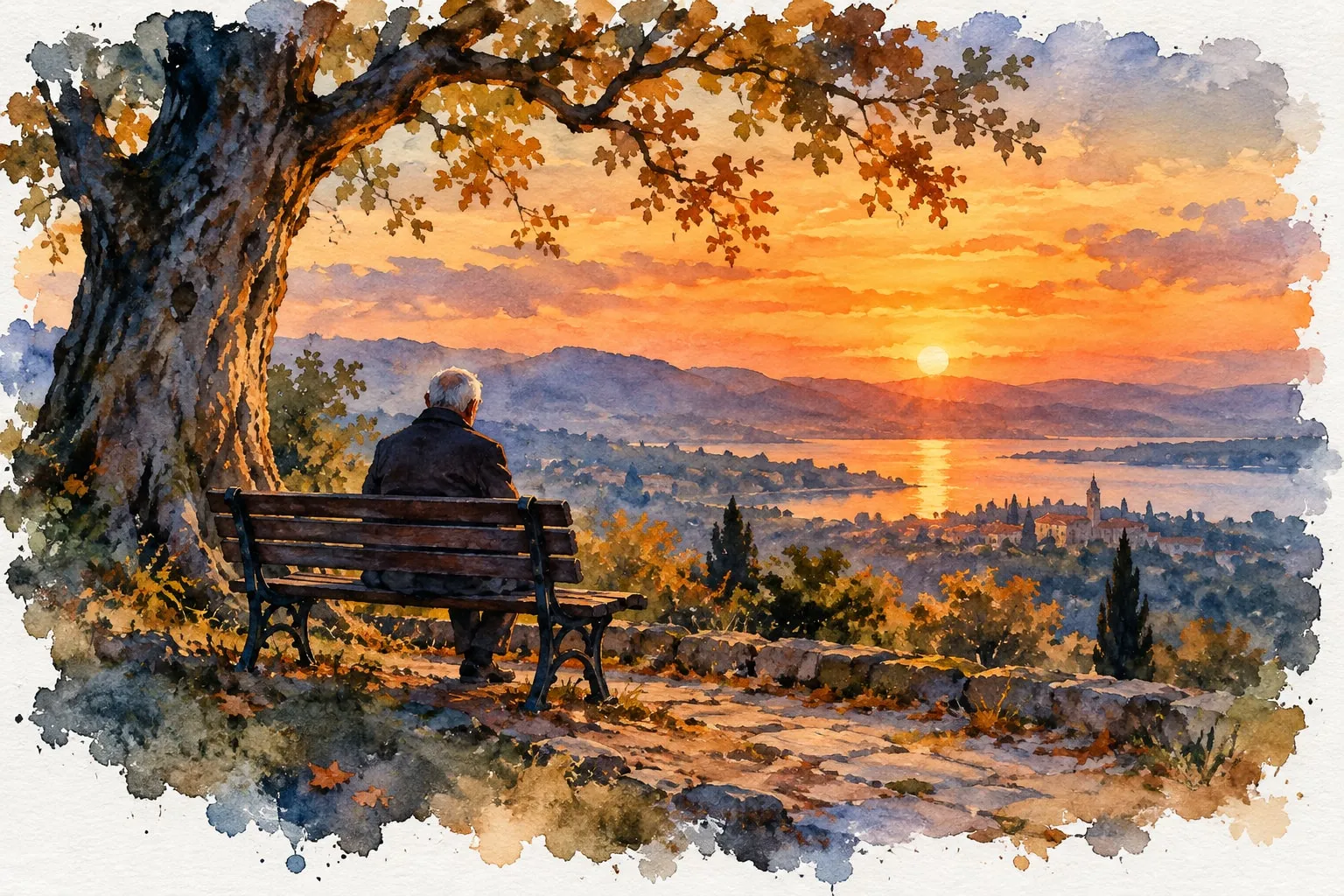 El anciano, sentado en el banco junto al árbol, mira el horizonte al atardecer