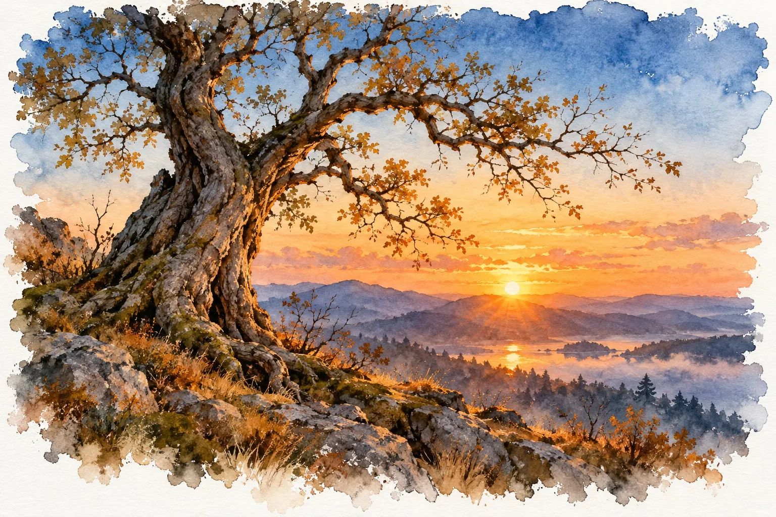 El viejo árbol, solo en la ladera, a la luz del sol
